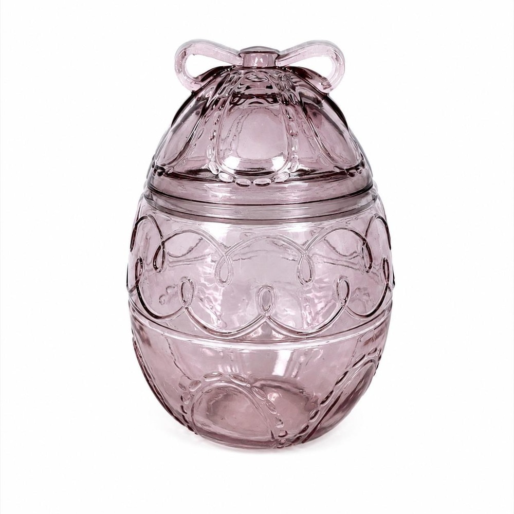Vintage Anchor Hocking Glass Large Pink Easter Egg Canister Jar Bow Cookie Jar